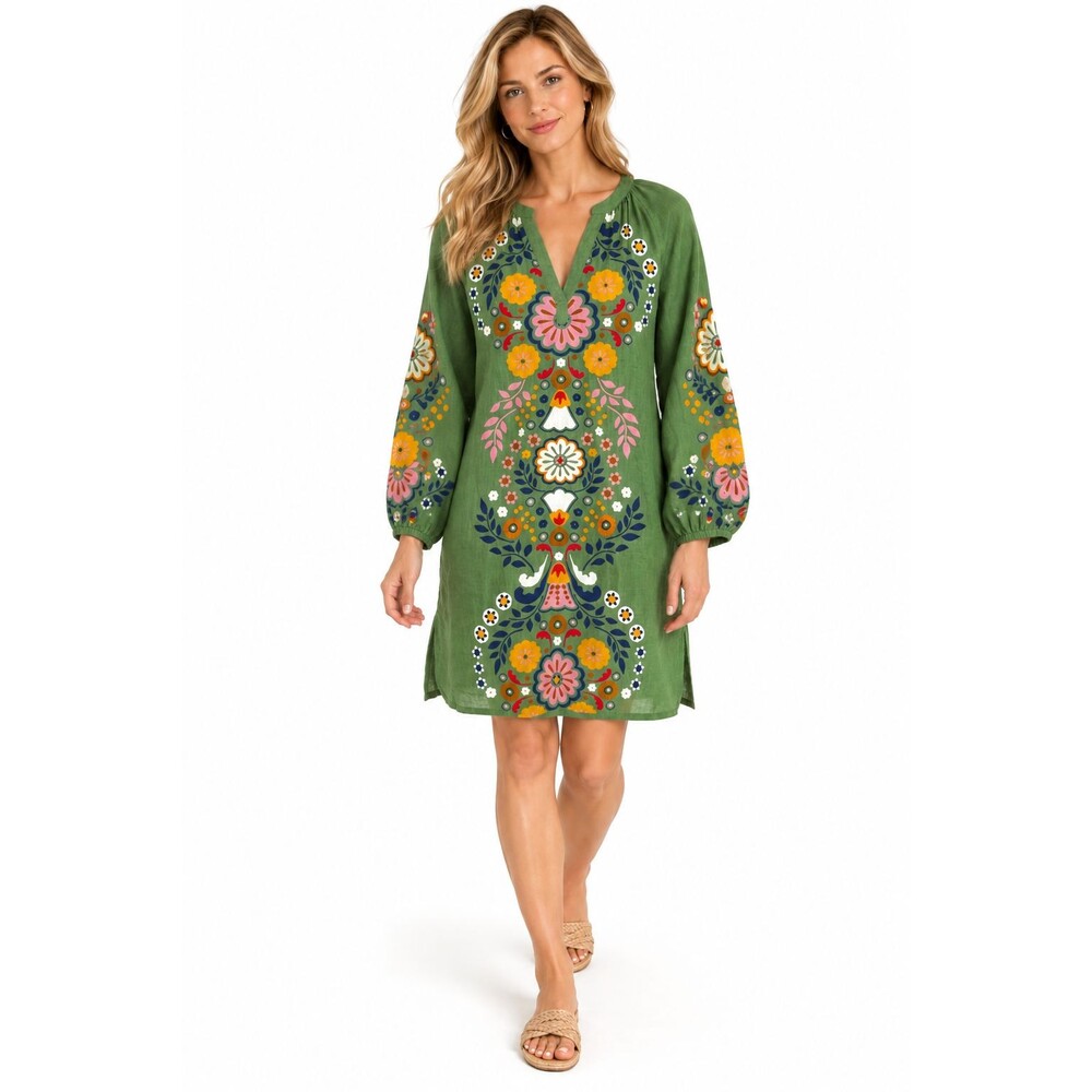 Boden Dress 100% Linen Size 8L US Green Floral V-Neck Shift Garden Party Cottage